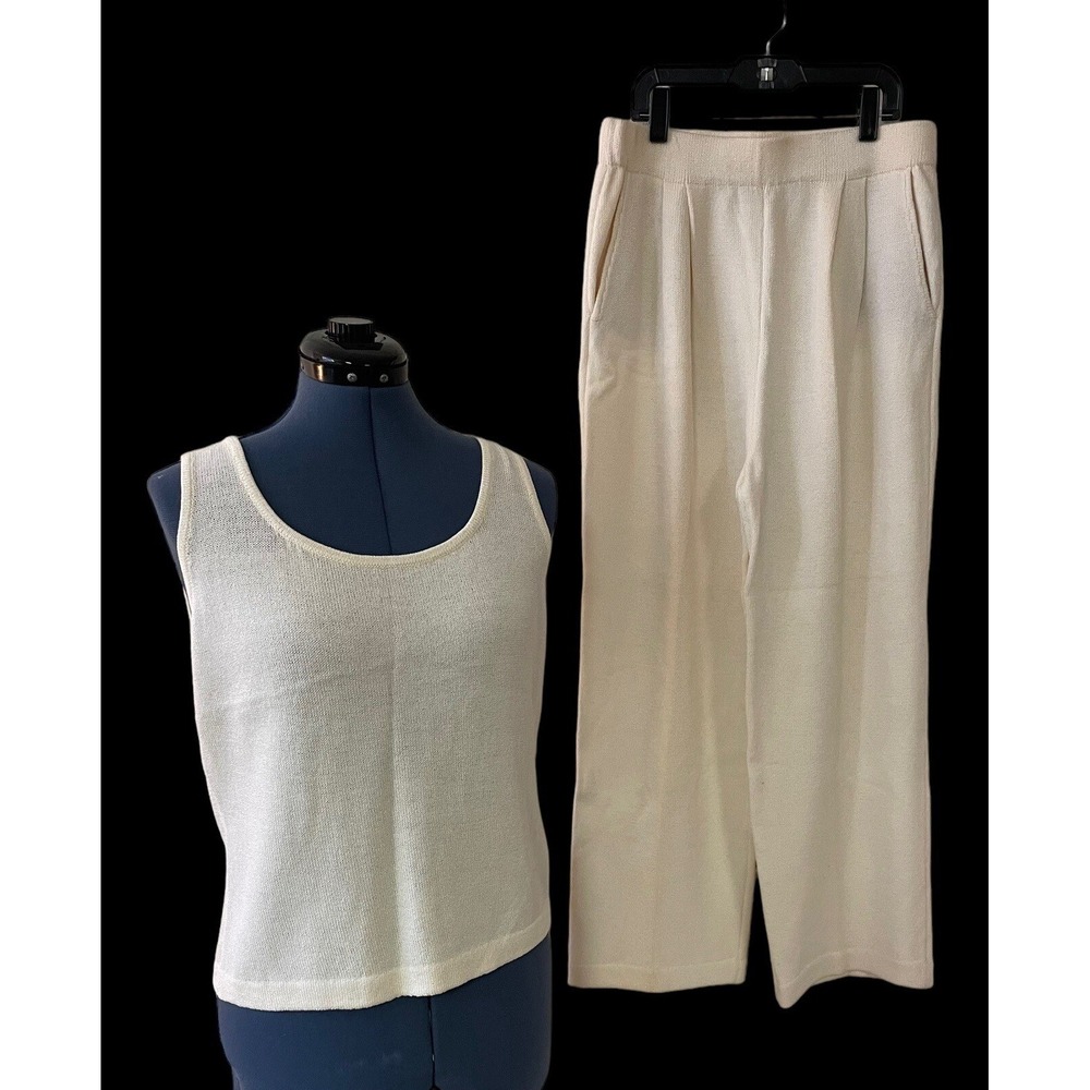ST JOHN Evening Ivory Santana Knit Sleeveless Top S Pull On Wide Leg Knit Pant 8